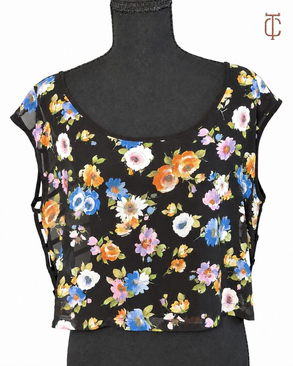 Millau Women's Black Multicolor Floral Crop Top Open Back Cutout Size XS
